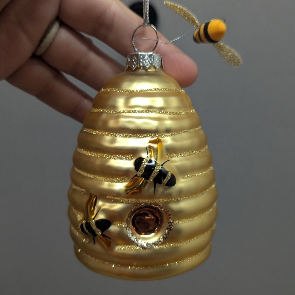 Glass Beehive Skep Christmas Ornament with Glitter and Flying Honeybees Gold